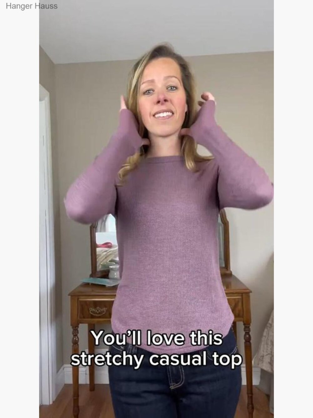 Waffle Knit Long Sleeve Crew Neck Slim Fitted Top with Thumbholes - Picture 6 of 6